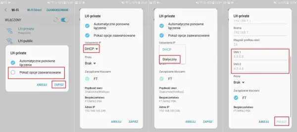 Jak zmienić DNS: wybierz "Statyczny", aby edytować adresy serwerów DNS. Zobaczysz pola na wpisanie nowych wartości.