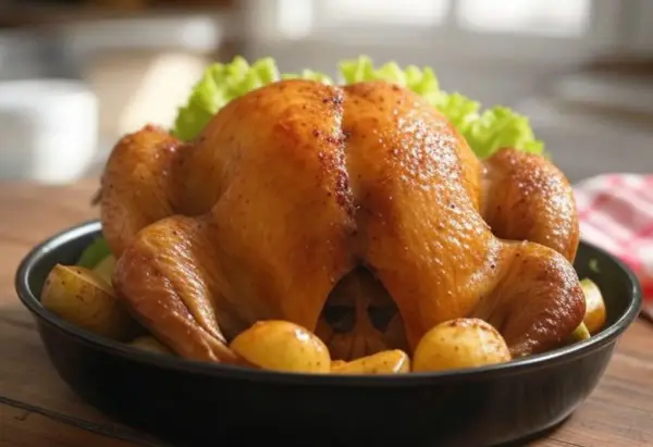 Une pintade au four dorée, accompagnée de pommes de terre rôties et de feuilles de laitue, prête à être dégustée.