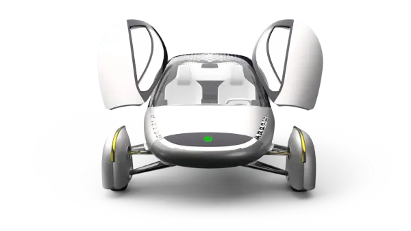 Concept de voiture électrique futuriste avec portes papillon ouvertes. Imaginez un voyage de 1600 km sans recharge !