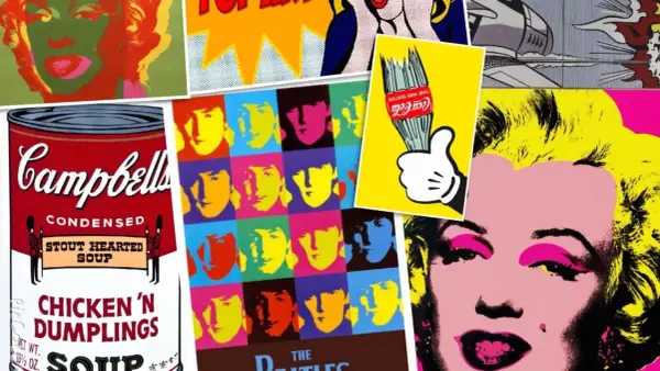 A collage of iconic pop art symbols: Marilyn Monroe, Campbell's soup can, The Beatles, and a Coca-Cola bottle.