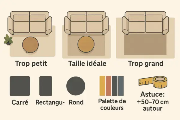Guide pour la dimension tapis salon : trop petit, taille idéale, trop grand. Formes et palette de couleurs. Astuce : +50-70 cm autour.