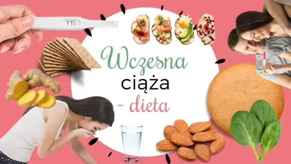 Wczesna ciąża - dieta: test ciążowy, imbir, chrupki, przekąski, migdały, szpinak, para z pozytywnym testem.