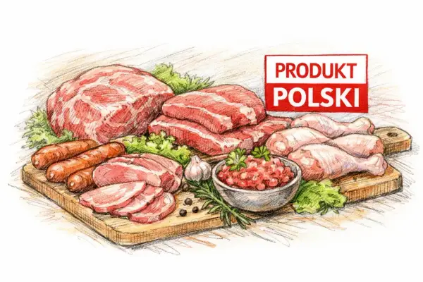 Co jeśli serial o polskim mięsie? Różne rodzaje mięsa, kiełbaski, kurczak, mielone, czosnek, zioła na desce.