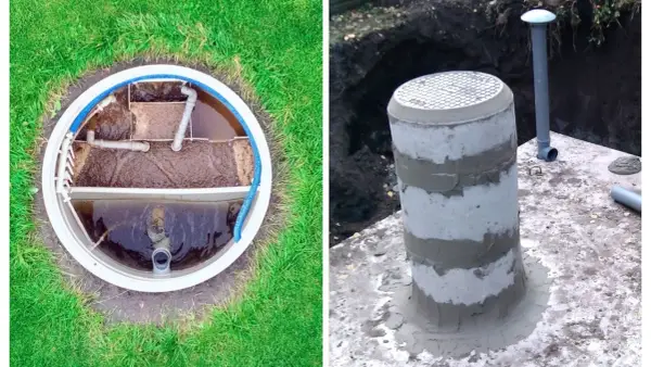 Widok wnętrza szamba i betonowego komina. Wybór między szambem a oczyszczalnią to ważna decyzja.