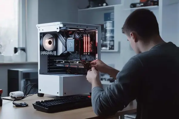Un jeune homme assemble un PC, connectant la carte graphique et le processeur.