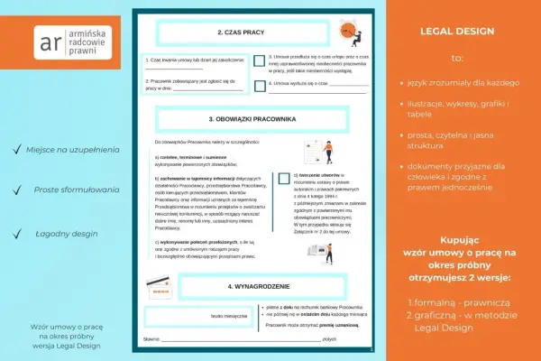 Wzór umowy o pracę na okres próbny w wersji Legal Design. Dokument zawiera sekcje dotyczące czasu pracy, obowiązków pracownika i wynagrodzenia.