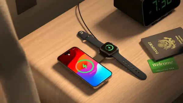 Na stoliku nocnym leży iPhone i Apple Watch ładowane bezprzewodowo. Obok paszport i karta "Welcome". To pokazuje, jak działa magsafe co to za technologia.