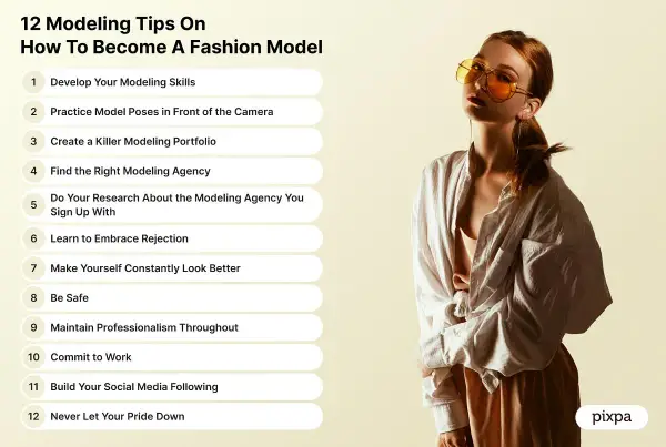 Joven modelo con gafas naranjas, lista para aprender como ser modelo. Consejos para una carrera exitosa.