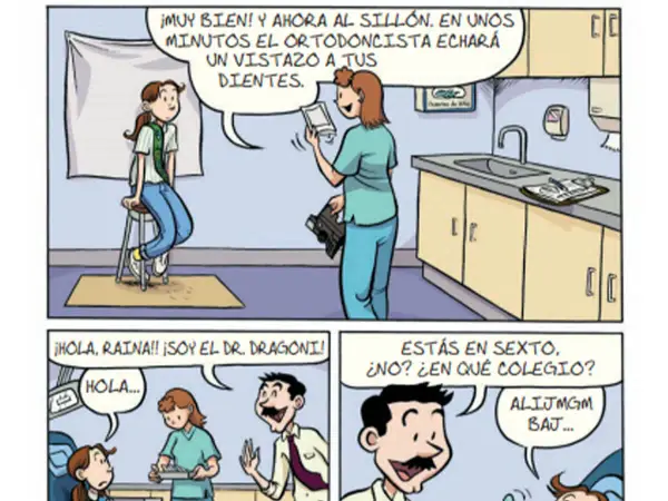 Viñetas de comics pequeños: una chica sentada en una silla, una doctora y un dentista.