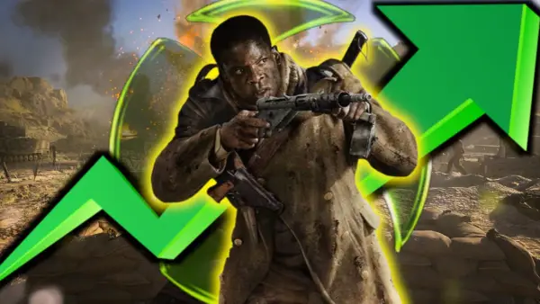 Żołnierz z Call of Duty Vanguard celuje z broni na tle bitwy. Zielona strzałka w górę symbolizuje wzrost popularności gry.