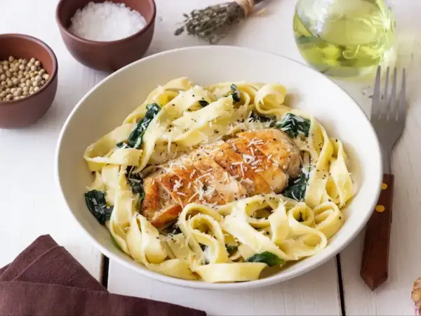 Pyszny makaron z kurczakiem i szpinakiem, posypany parmezanem. Idealny na szybki obiad.