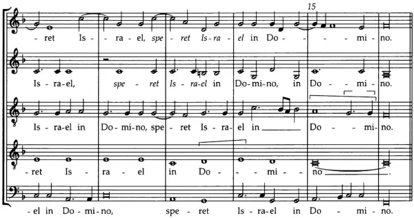 Extrait de partition musicale montrant un exemple de polyphonie vocale avec les paroles "Israel in Domino".