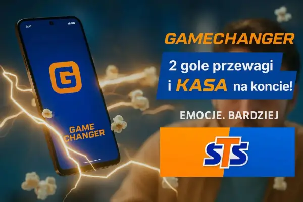 Telefon z aplikacją GAMECHANGER, błyskawice, popcorn. "2 gole przewagi i KASA na koncie!" - to znaczy, że wygrana jest pewna!