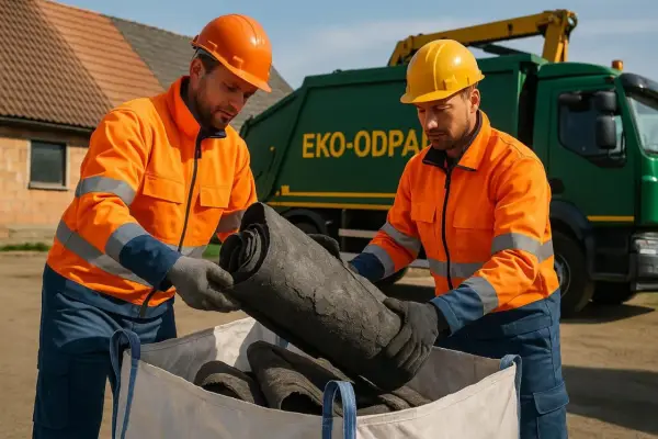 Dwóch pracowników w pomarańczowych kurtkach i kaskach wyjmuje z worka zrolowane materiały. Obok stoi zielona śmieciarka z napisem "EKO-ODPADY". To pszok papa, który trafi do recyklingu.