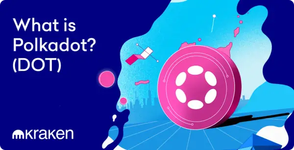 Co to Polkadot (DOT)? Grafika przedstawia dużą, różową monetę z białymi elipsami, symbolizującą kryptowalutę. W tle widać abstrakcyjny krajobraz miejski i elementy nawiązujące do technologii.