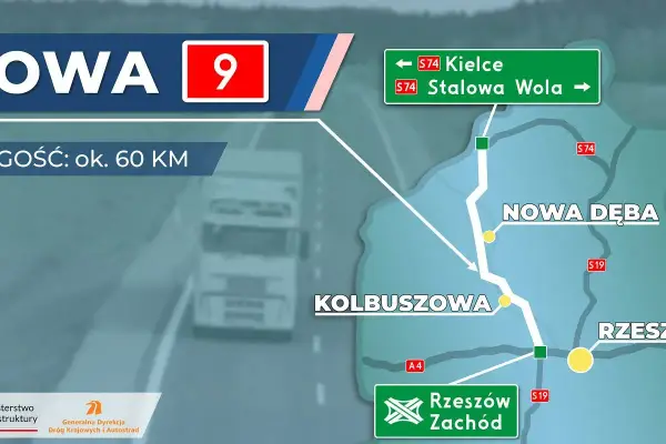 Trasa S19 na mapie: odcinek ok. 60 km z Kolbuszowej przez Nową Dębę do Rzeszowa Zachód.