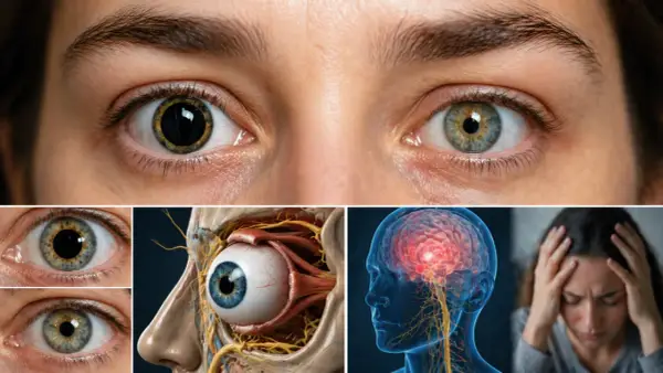 Occhi con pupille isocoriche, anatomia oculare, cervello e persona con mal di testa.