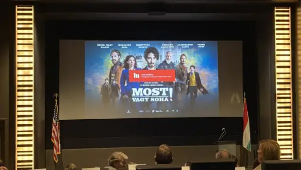 Plakat filmu "Most! Vagy Soha" z aktorami, hasłem "teraz albo nigdy" i logo Instytutu Liszta.
