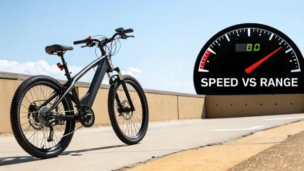 Czarny rower elektryczny na tle nieba i drogi. Obok prędkościomierz z napisem "SPEED VS RANGE", sugerujący maksymalna prędkość roweru elektrycznego.