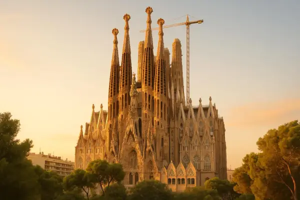 Sagrada Familia w Barcelonie, wciąż w budowie, góruje nad drzewami w złotym świetle zachodzącego słońca. Dźwig budowlany przypomina o trwającym dziele.