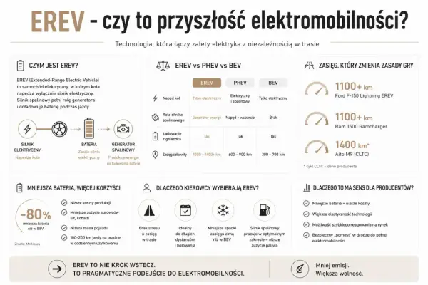 EREV to elektryk z generatorem, który daje zasięg 1100+ km, jak Ford F-150 Lightning EREV. Mniejsza bateria to niższe koszty.