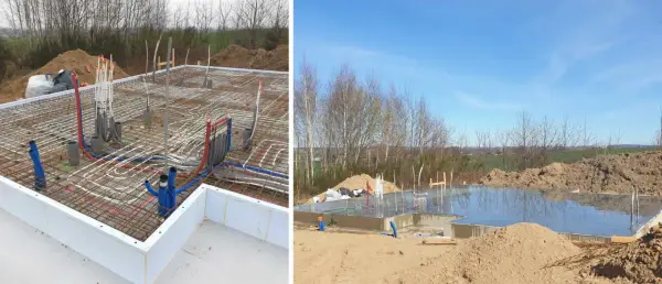 Budowa ciepłej płyty fundamentowej z instalacją ogrzewania podłogowego i przyłączami hydraulicznymi. Betonowa płyta lśni w słońcu.