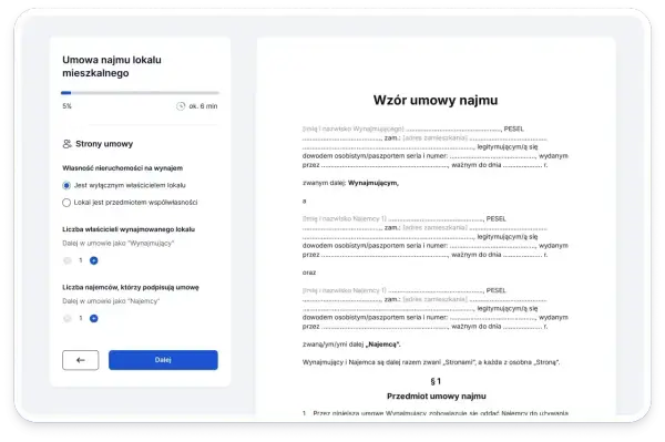 Formularz umowy najmu lokalu mieszkalnego, gdzie można określić dane wynajmującego i najemcy.
