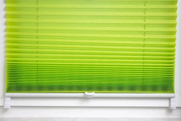 Grünes Plissee zu lang, schlimm. Die Falten sind eng und gleichmäßig, die Farbe verläuft von hellgrün zu einem kräftigeren Ton.