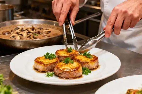 Un chef garnit des médaillons de bœuf sur le grill avec du persil. Une sauce aux champignons crémeuse est visible en arrière-plan.