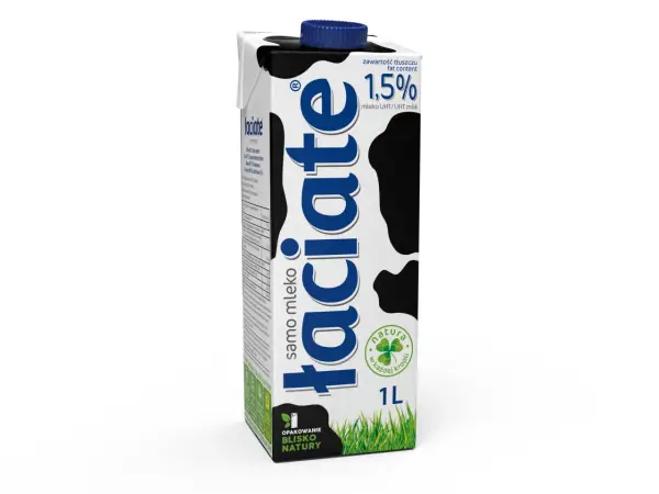 Karton mleka 1,5% tłuszczu, z napisem "laciate" i wzorem w krowie łaty. Idealne mleko po francusku na śniadanie.