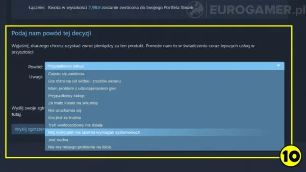 Formularz zwrotu na Steam. Wybieram powód "Mój komputer nie spełnia wymagań systemowych", bo tak naprawdę nie da się wypłacić pieniędzy ze Steama.