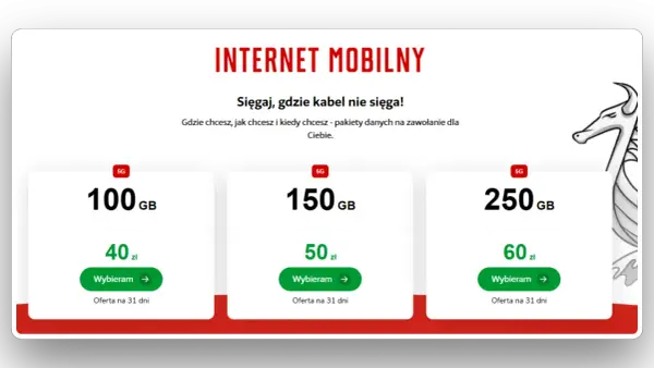 Oferty mobilnego internetu 5G: 100 GB za 40 zł, 150 GB za 50 zł, 250 GB za 60 zł. Czy 10 GB internetu to dużo? Te pakiety to dużo danych!
