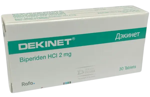 Opakowanie leku Dekinet z biperydenem HCl 2 mg, 30 tabletek.