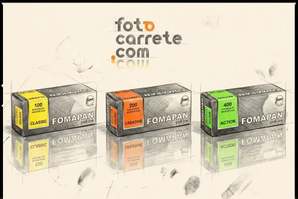 Tres tipos de carretes de fotos Fomapan: Classic 100, Creative 200 y Action 400, con sus cajas y reflejos.