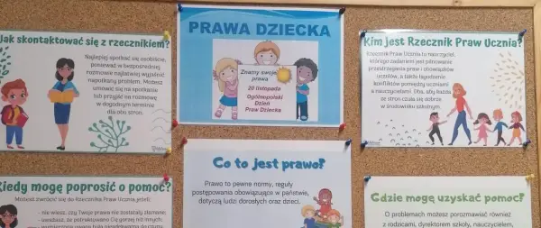 Plakat informuje o prawach dziecka i roli Rzecznika Praw Ucznia. Dzieci mogą zwrócić się o pomoc, gdy ich prawa są łamane.