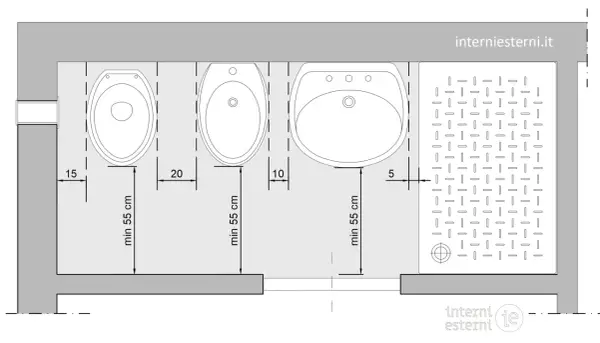 Pianta di un bagno di 4 mq con water, bidet, lavabo e piatto doccia. Misure minime per la disposizione degli elementi.