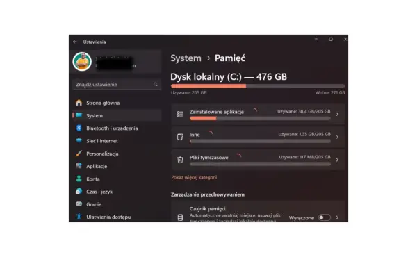 Ustawienia Windows 10: zarządzanie pamięcią dysku lokalnego C:, przegląd zajętego miejsca przez aplikacje i pliki tymczasowe.