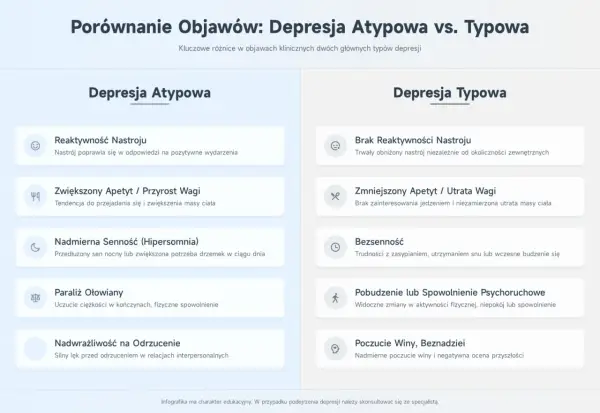 Porównanie objawów depresji atypowej i typowej: reaktywność nastroju, apetyt, senność, paraliż, nadwrażliwość na odrzucenie.