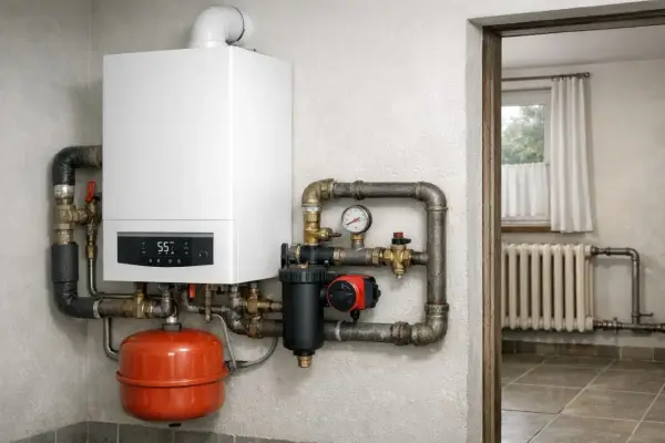 Nowoczesny kocioł gazowy do układu otwartego, z cyfrowym wyświetlaczem i widocznym manometrem, podłączony do instalacji grzewczej.
