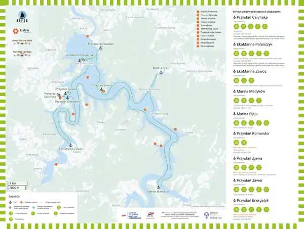 Mapa Bieszczad z zaznaczonym jeziorem Solińskim i portami żeglarskimi, takimi jak Przystań Caryńska i EkoMarina Polańczyk.