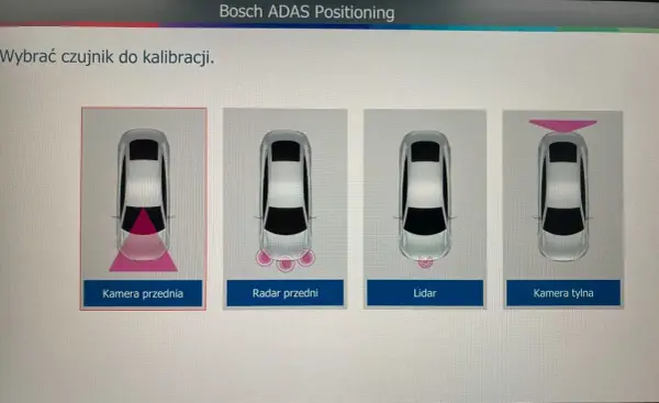System ADAS: wybór czujnika do kalibracji - kamera przednia, radar, lidar, kamera tylna.