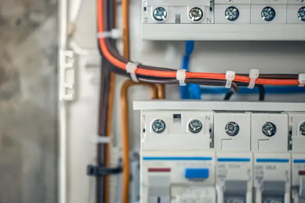 Profesjonalne wykonywanie instalacji elektrycznych: przewody w skrzynce rozdzielczej, bezpieczniki i zaciski.