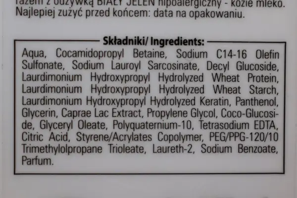 Składniki: Aqua, Cocamidopropyl Betaine, Sodium C14-16 Olefin Sulfonate, Sodium Lauroyl Sarcosinate, Decyl Glucoside, proteiny pszenicy, pantenol, gliceryna, mleko kozie.