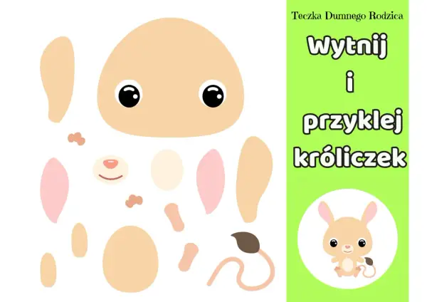 Zestaw do wycinanek dla dzieci z papieru: elementy do złożenia uroczego króliczka.