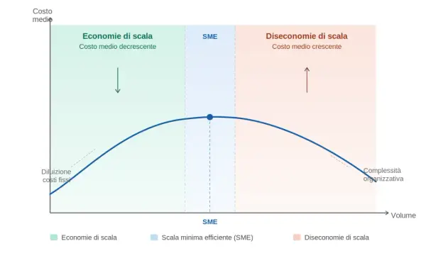 Grafico mostra costo medio decrescente (economie di scala) e poi crescente (diseconomie di scala) con l'aumentare del volume, evidenziando la scala minima efficiente (SME).