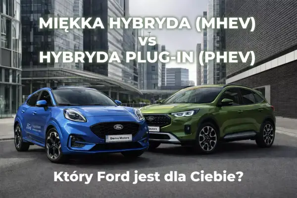 Niebieski Ford Puma Hybrid i zielony SUV obok siebie. Porównanie miękkiej hybrydy (MHEV) z hybrydą plug-in (PHEV).