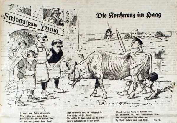 Karikatur: "Schlachthaus Young" zeigt Deutschland als Rind, das von Stresemann und anderen Nationen bedrängt wird. Ein junger Plan zur Konferenz in Den Haag.