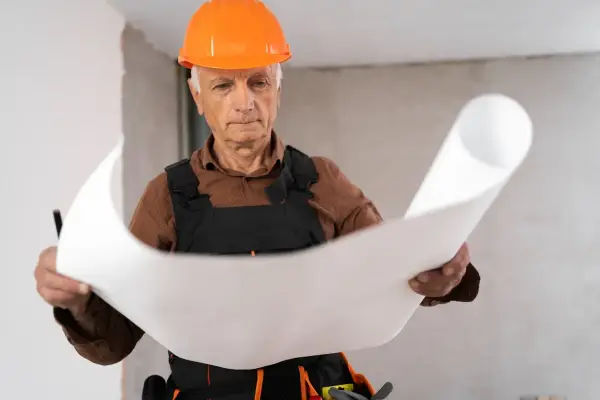 Un esperto capomastro, con casco arancione, studia attentamente un progetto, dimostrando il vero significato di guida e competenza in cantiere.
