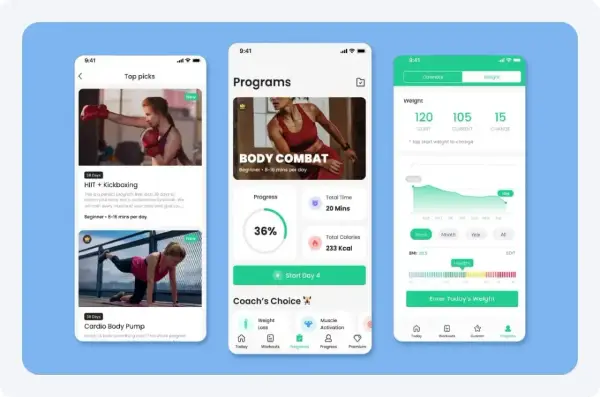 Aplikacja fitness iPhone z programami treningowymi, takimi jak Kickboxing i Body Combat, oraz śledzeniem wagi i postępów.