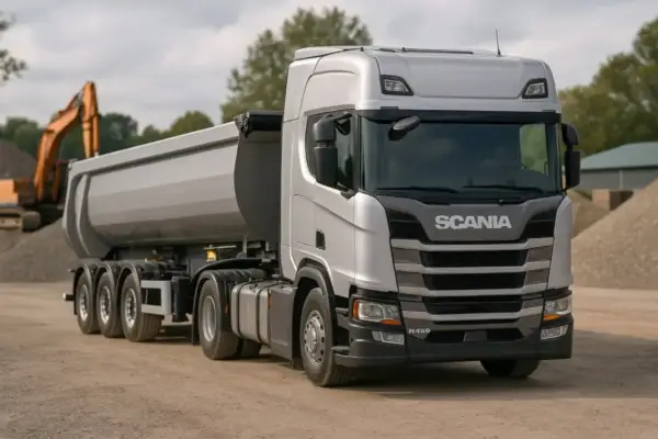 Srebrna wywrotka Scania R459 z naczepą, gotowa do transportu kruszywa. Sprawdź, jaka jest tłuczeń cena za wywrotkę.
